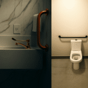 Banheiro acessível conforme ABNT NBR 9050 com lavatório suspenso, torneira de alavanca, barras de apoio laterais e bacia sanitária adaptada para cadeirantes