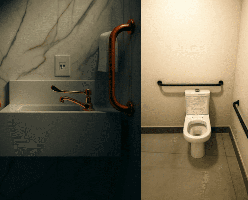 Banheiro acessível conforme ABNT NBR 9050 com lavatório suspenso, torneira de alavanca, barras de apoio laterais e bacia sanitária adaptada para cadeirantes