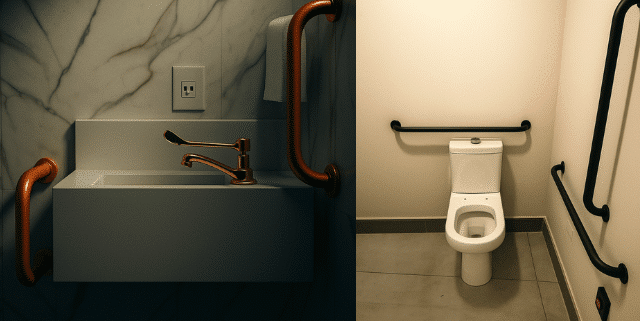 Banheiro acessível conforme ABNT NBR 9050 com lavatório suspenso, torneira de alavanca, barras de apoio laterais e bacia sanitária adaptada para cadeirantes